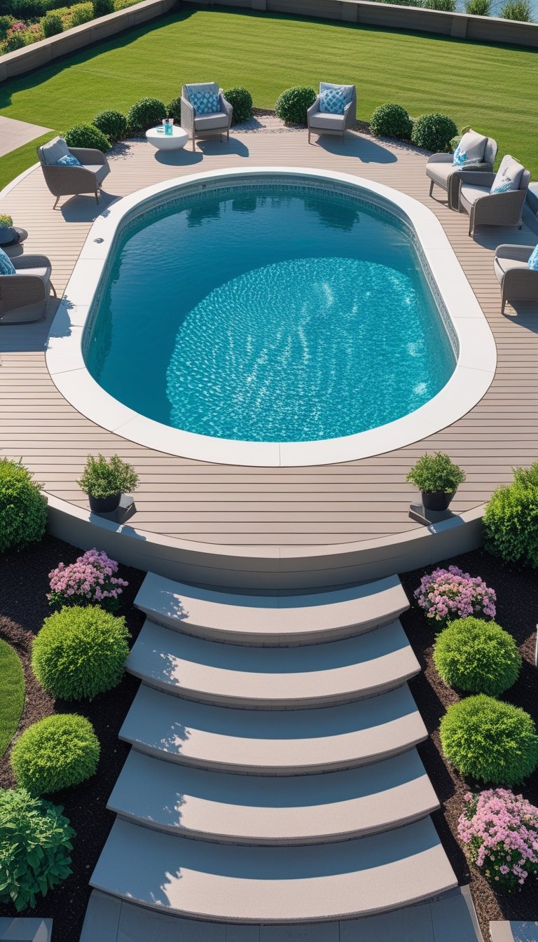 Wide steps leading up to an oval above-ground pool surrounded by a wooden deck with outdoor furniture and greenery.