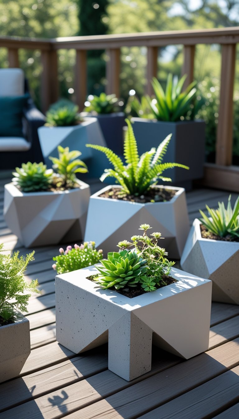 A variety of geometric planters with green plants arranged on a wooden deck garden under natural sunlight.