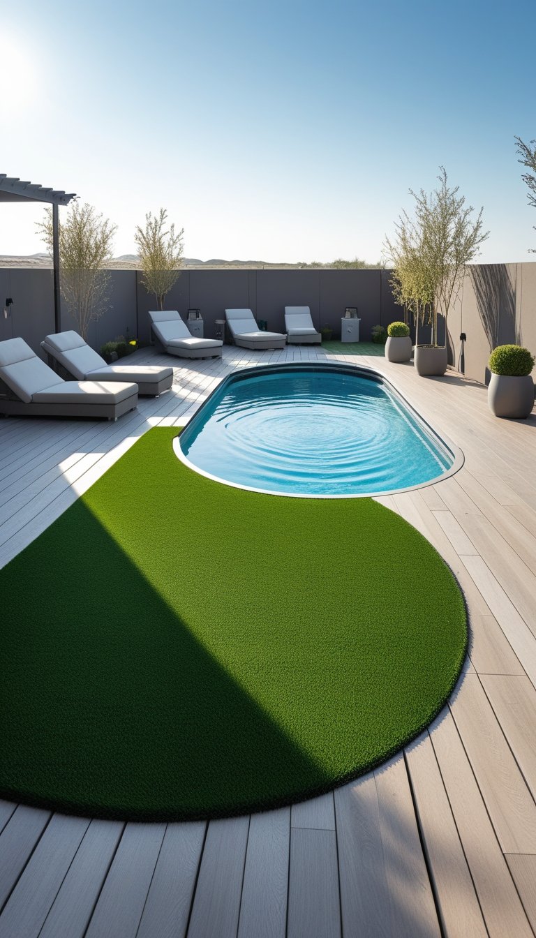 Outdoor artificial turf lounging area with lounge chairs surrounding a large oval above ground pool on a wooden deck under a clear sky.