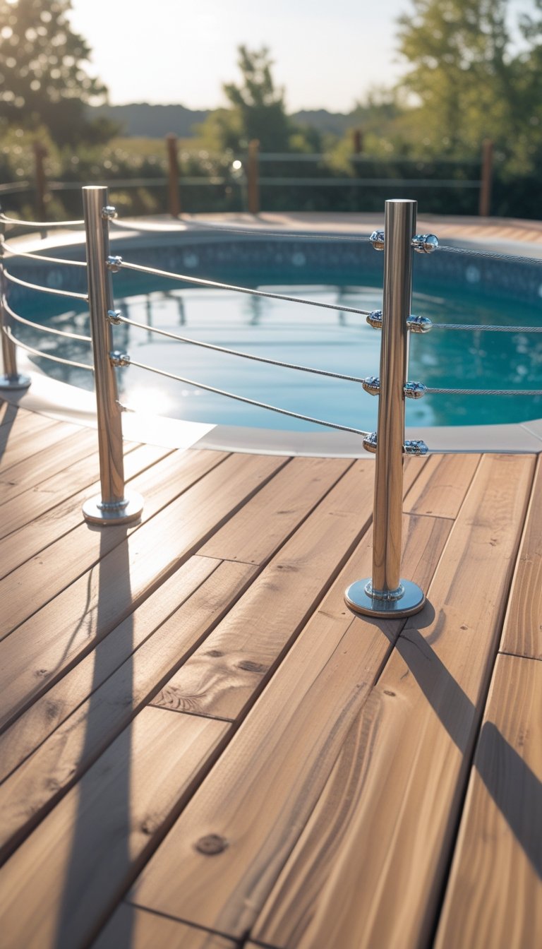 Oval above ground swimming pool surrounded by a wooden deck with cable railing in an outdoor setting.