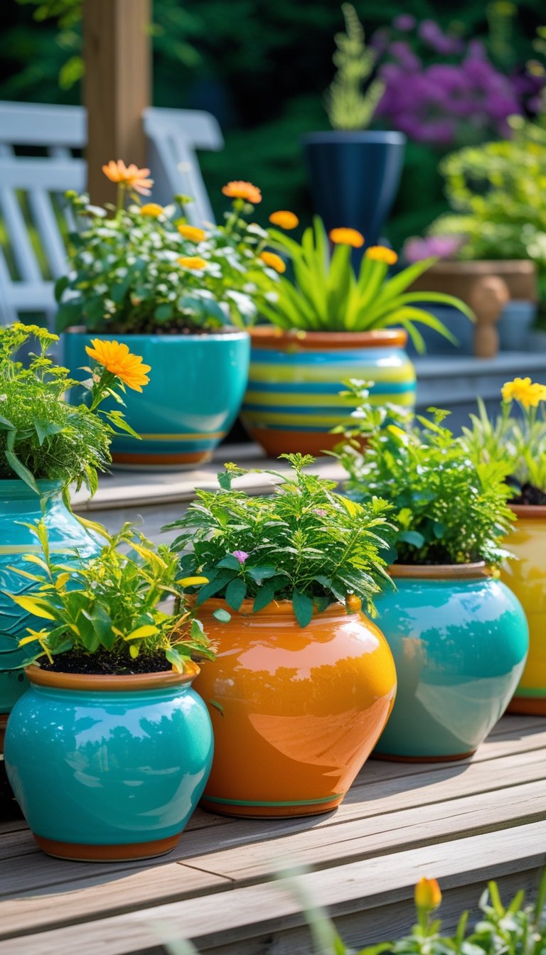 A group of colorful ceramic pots with green plants arranged on a wooden deck garden.