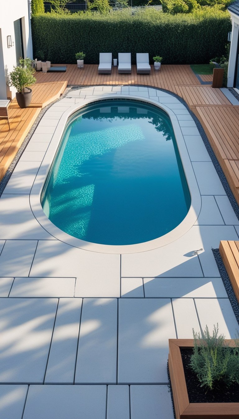 Backyard with an oval above-ground pool surrounded by a deck combining concrete pavers and wooden decking, featuring outdoor furniture and plants.