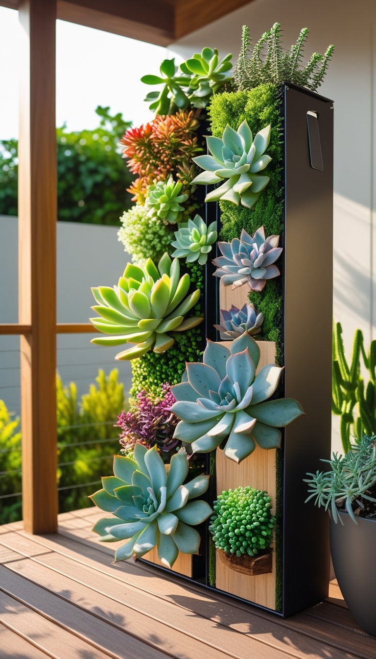 A vertical garden of various colorful succulents arranged on a wooden deck with natural light.