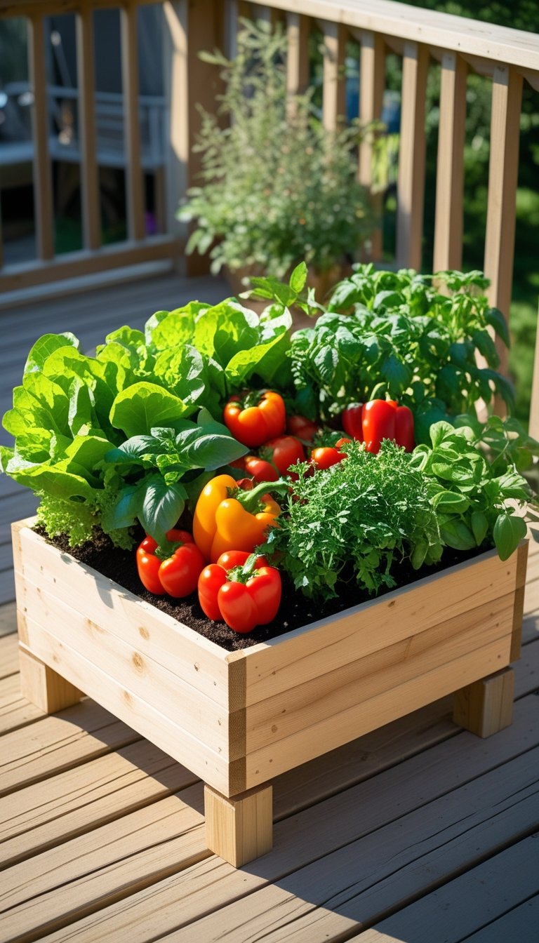 Wooden deck with a planter containing fresh vegetables and herbs growing in it.