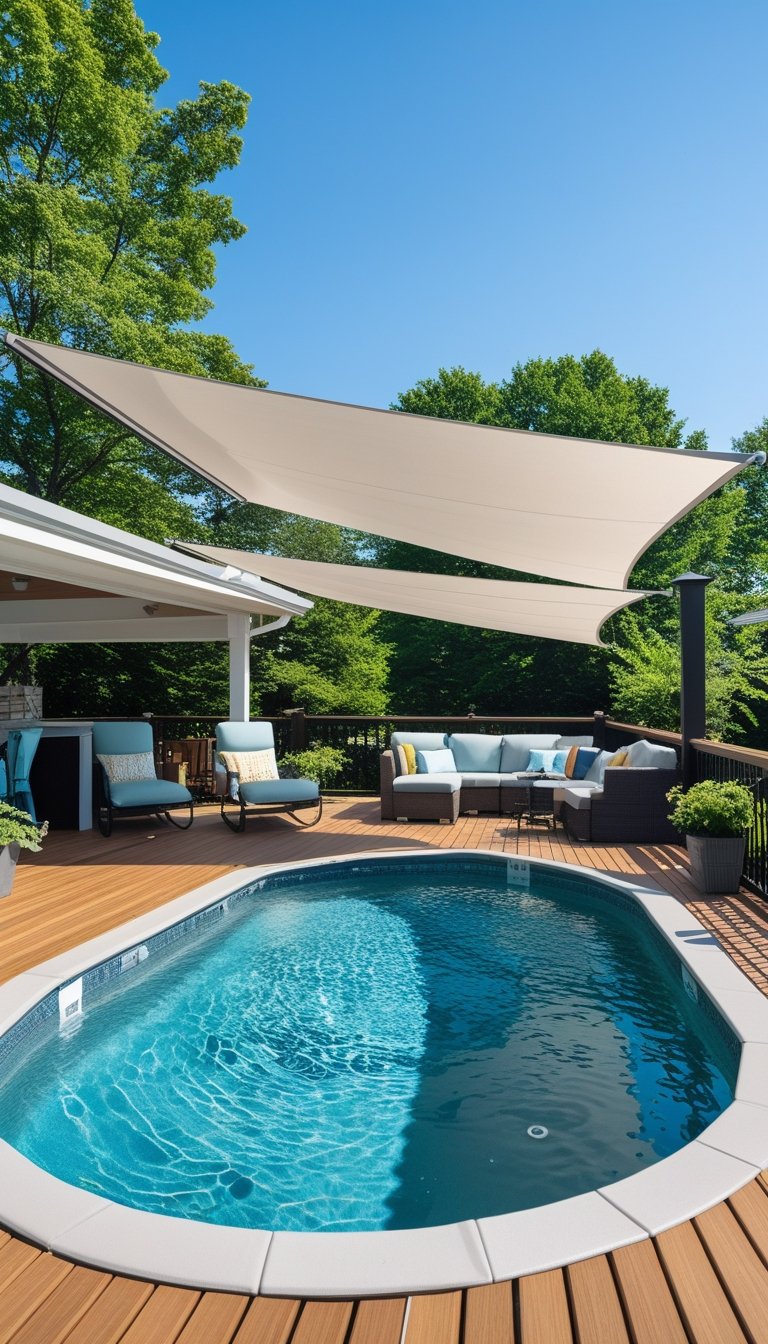 Oval above ground pool on a wooden deck with adjustable sun shades, lounge chairs, and greenery around.