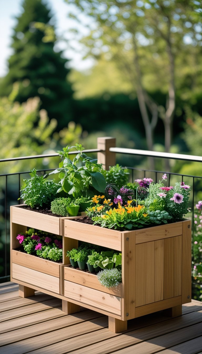 A wooden multi-compartment deck planter filled with colorful flowers, herbs, and small vegetables on a wooden deck surrounded by greenery.