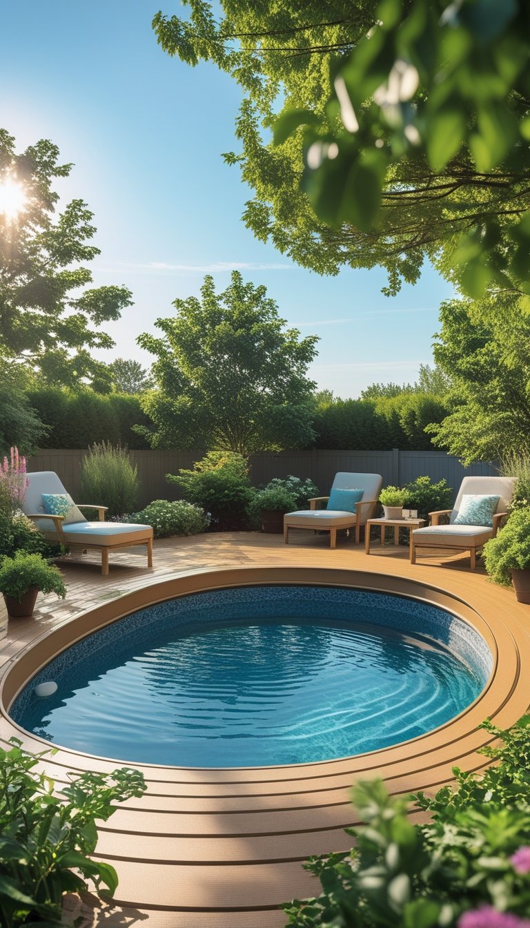 Oval above ground pool with eco-friendly recycled plastic decking surrounded by green plants and outdoor furniture.