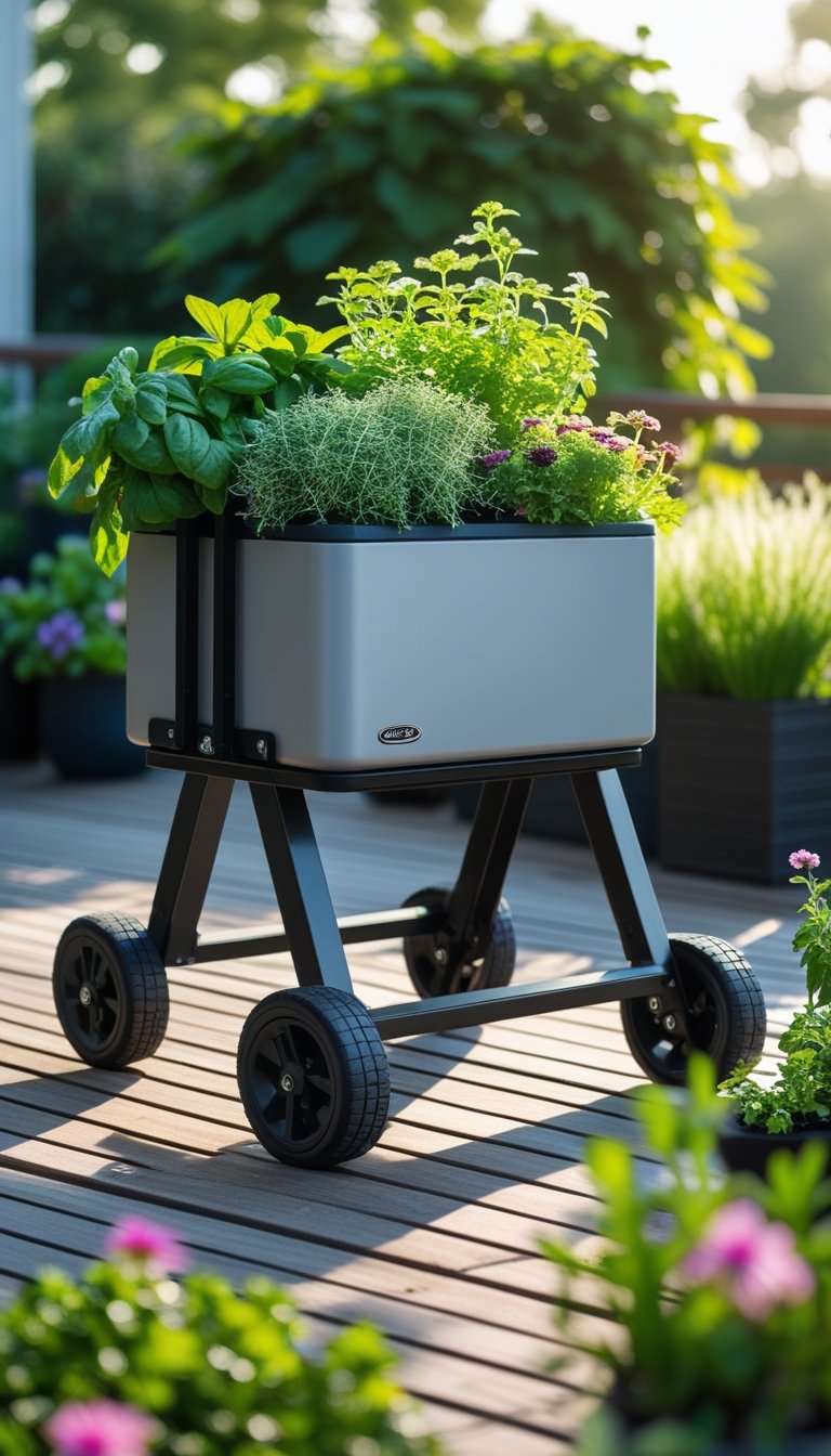 A portable planter caddy with wheels on a wooden deck filled with green plants and colorful flowers in an outdoor garden setting.