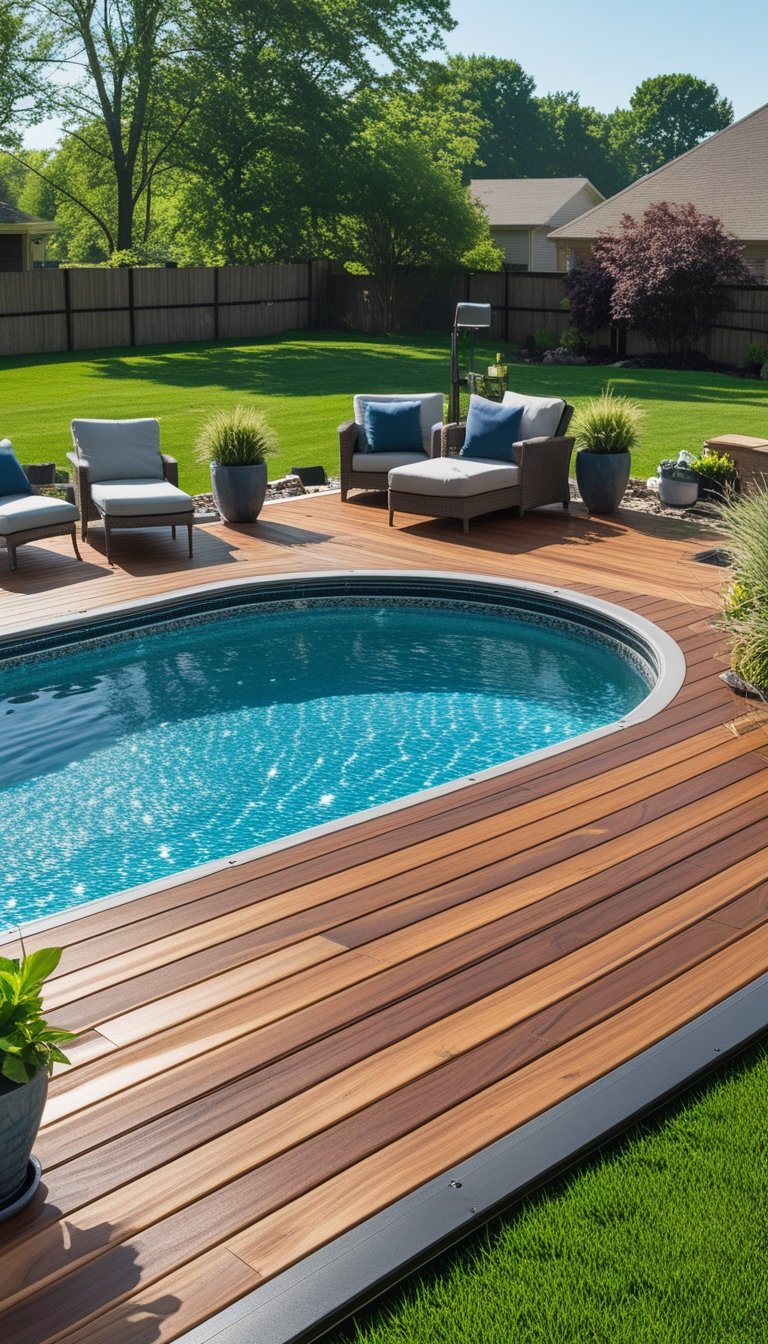 An oval above ground pool with a natural wood deck surrounded by outdoor chairs and plants in a green backyard.