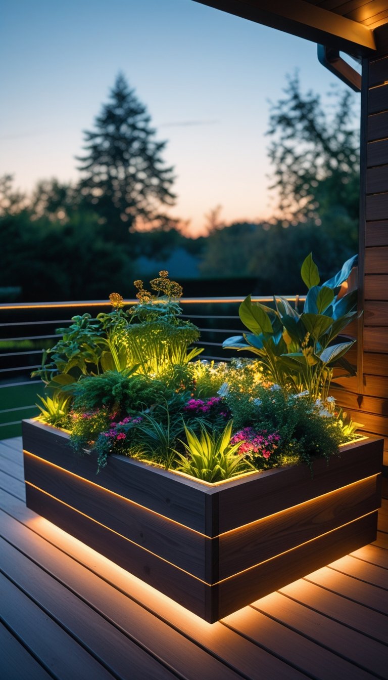 Outdoor wooden deck with a garden planter filled with green plants and flowers, illuminated by built-in warm lights in the early evening.