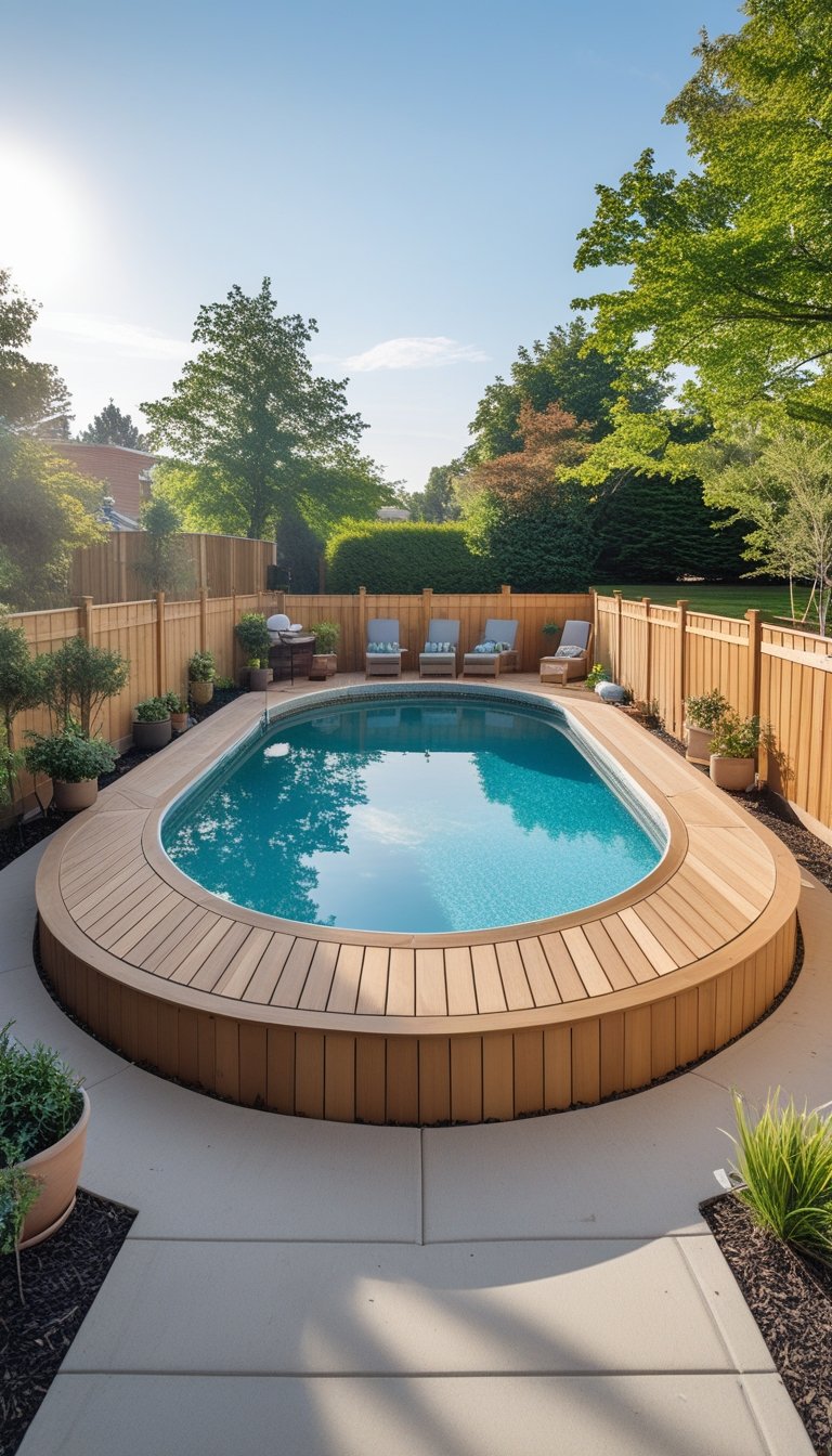 Oval above-ground swimming pool with a wooden deck and a low wooden fence surrounded by greenery and outdoor furniture.