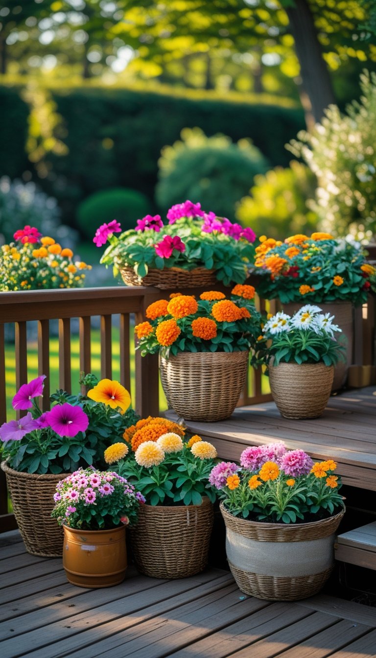 Various colorful flower planter baskets arranged on a wooden deck garden with green plants in the background.