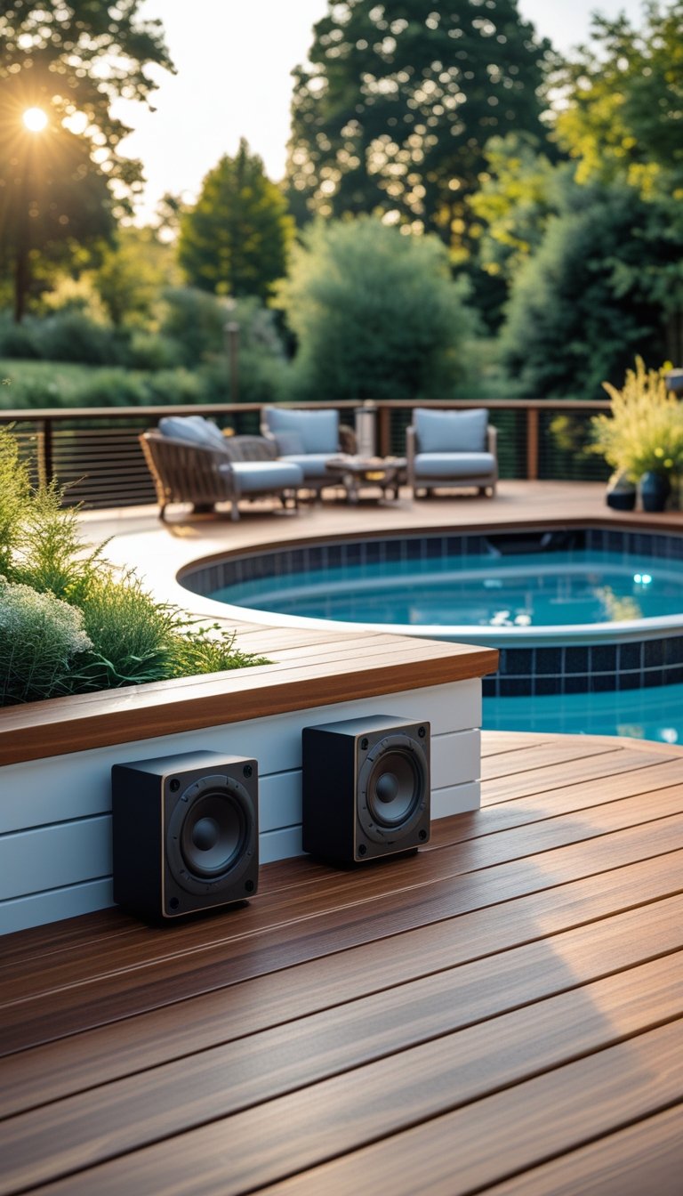 Outdoor deck with built-in speakers and an oval above ground swimming pool surrounded by deck furniture and greenery.