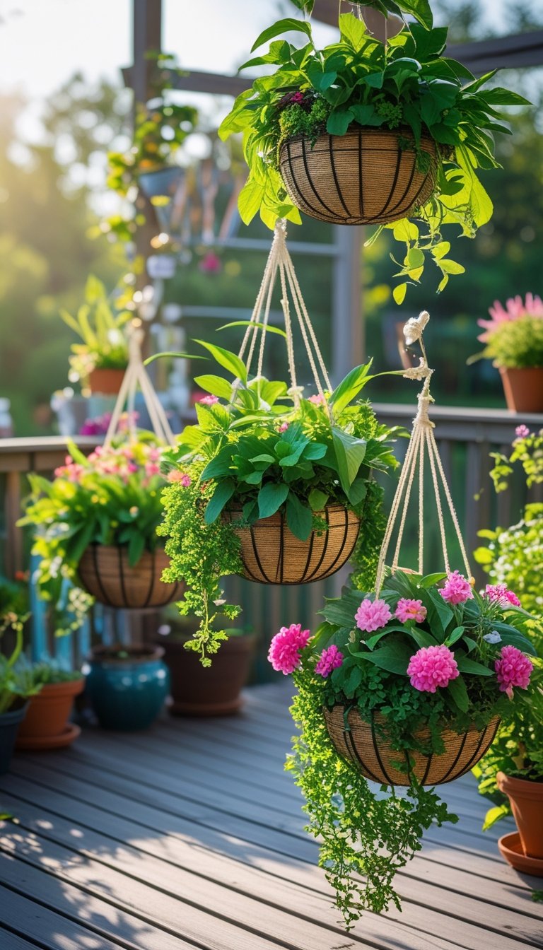 Three hanging baskets filled with colorful flowers and green plants hanging on a wooden deck garden.