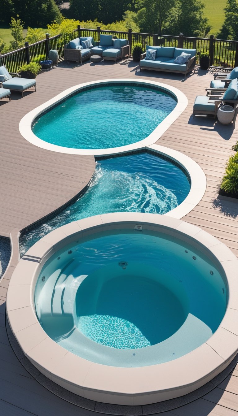 Outdoor scene with a hot tub next to an oval above-ground pool on a wooden deck surrounded by lounge chairs and greenery.