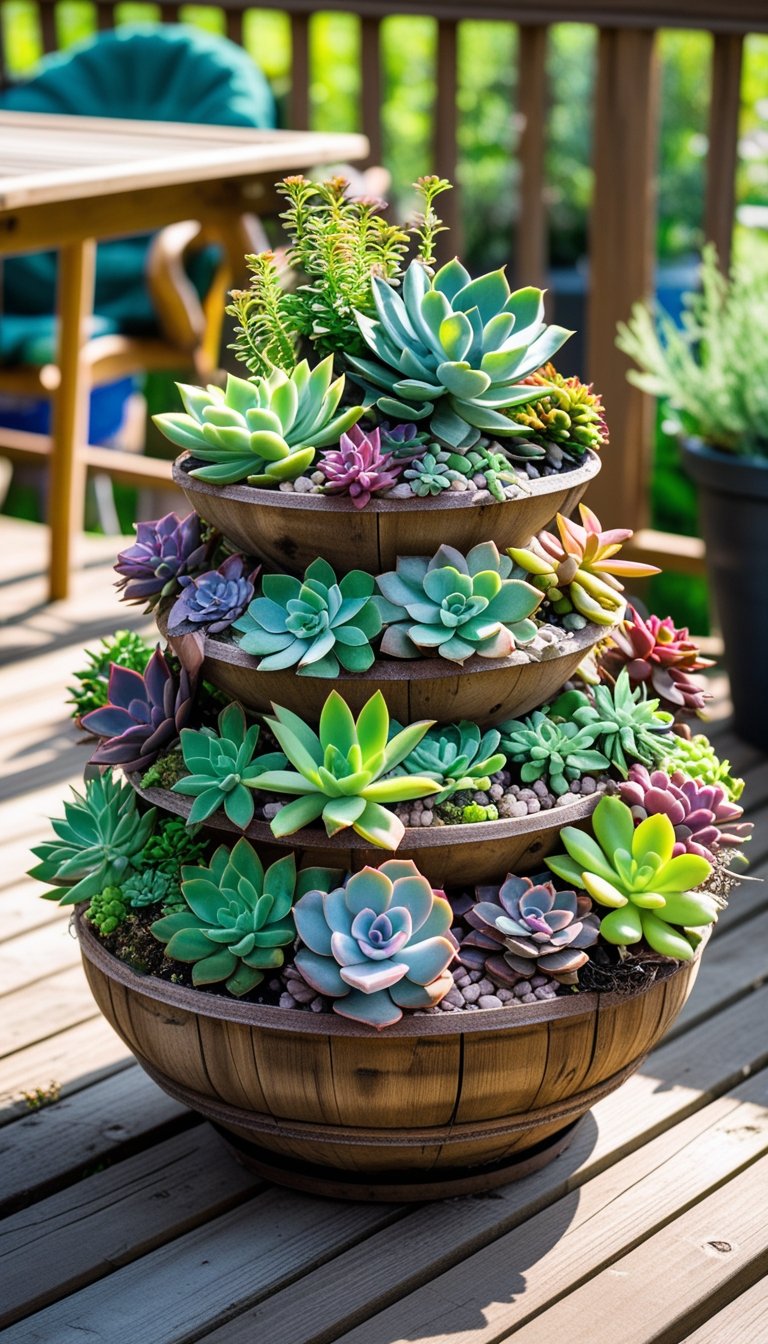 A tiered succulent planter filled with various colorful succulents placed on a wooden deck garden with plants and outdoor furniture in the background.