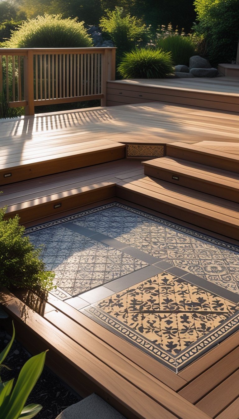 Outdoor wooden deck with 15 steps and a landing featuring decorative tile insets surrounded by greenery.
