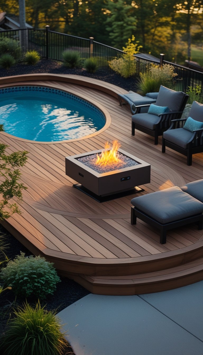 An outdoor wooden deck with a small fire pit and an oval above ground swimming pool surrounded by seating and greenery.
