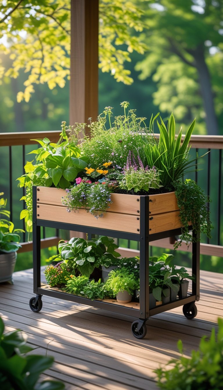 A wooden planter cart with wheels filled with green plants and flowers on a sunny outdoor deck surrounded by trees.