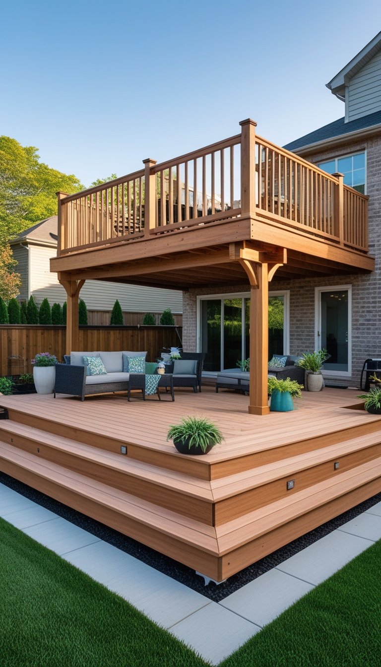 Backyard with a wooden deck elevated above a furnished patio area underneath.