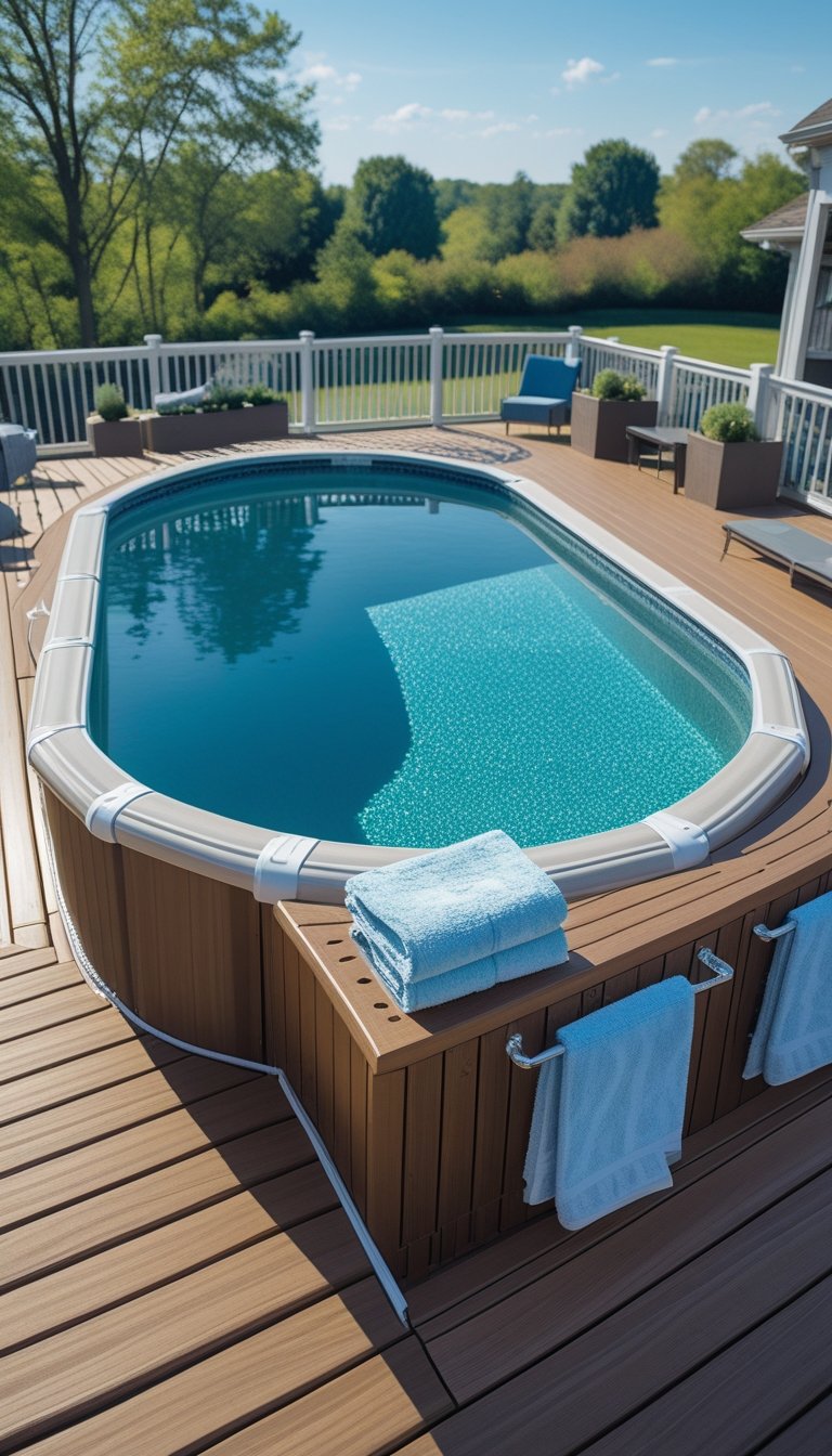 An oval above ground pool with a wooden deck featuring built-in towel racks holding towels, surrounded by greenery on a sunny day.