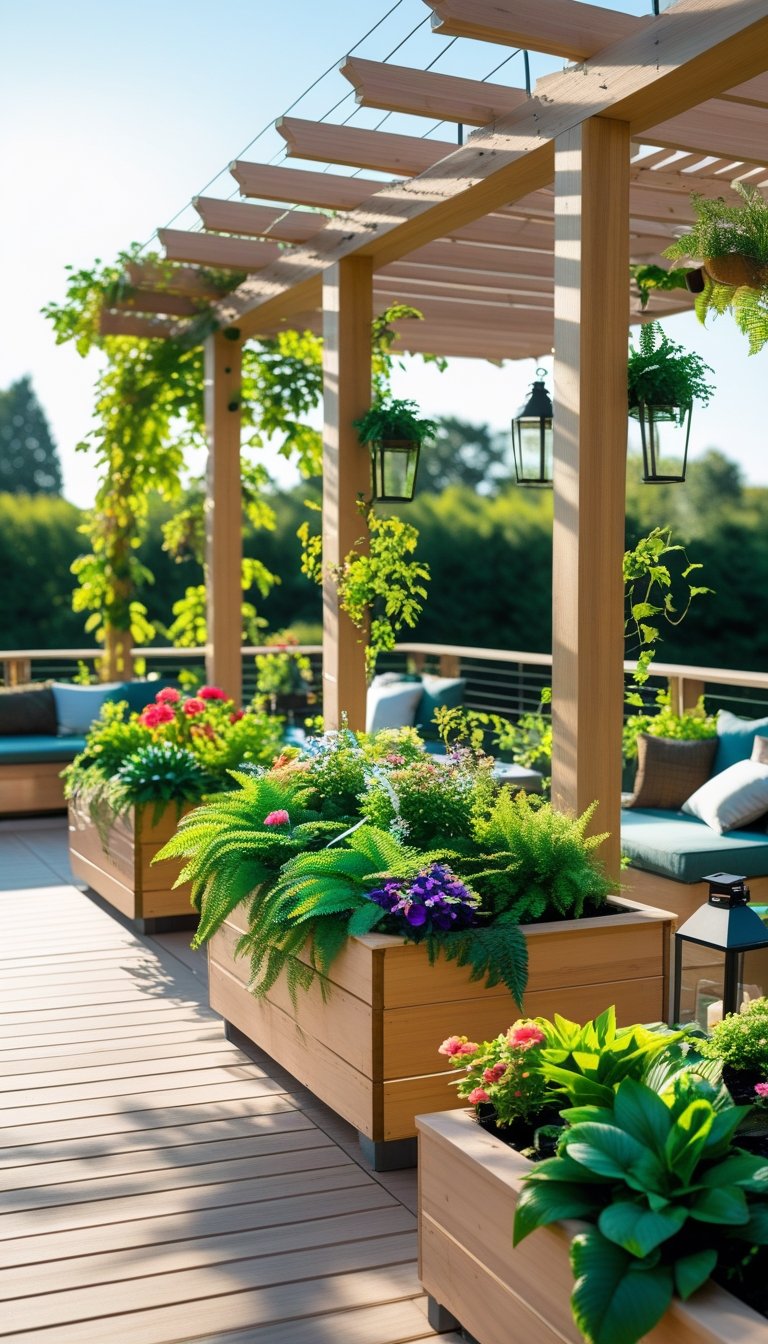 Outdoor deck with wooden pergola planter boxes filled with green plants and colorful flowers, surrounded by seating and garden decorations.
