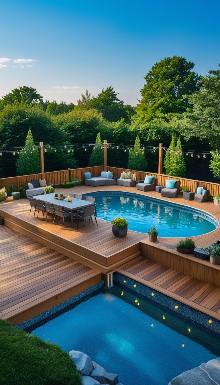 An oval above ground pool surrounded by an extended wooden deck with outdoor dining furniture and greenery.