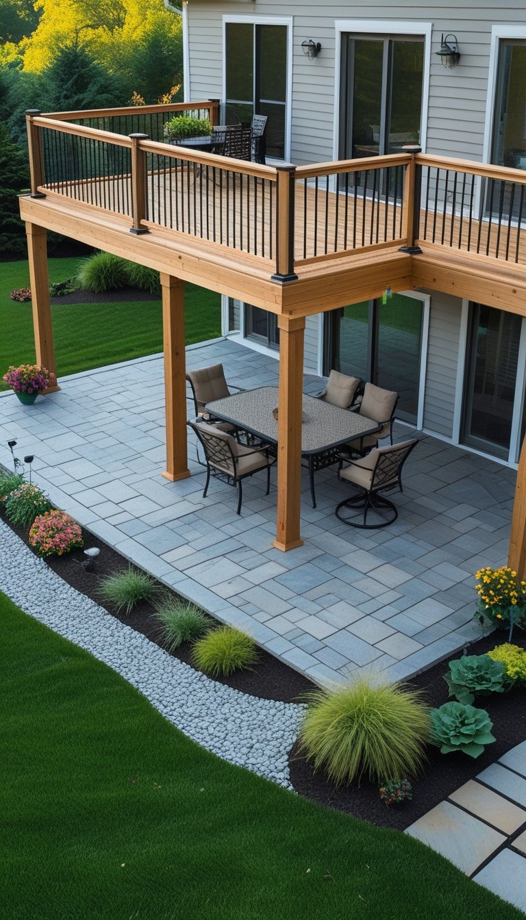 A backyard with a wooden deck above a stone patio furnished with outdoor seating and surrounded by grass and plants.
