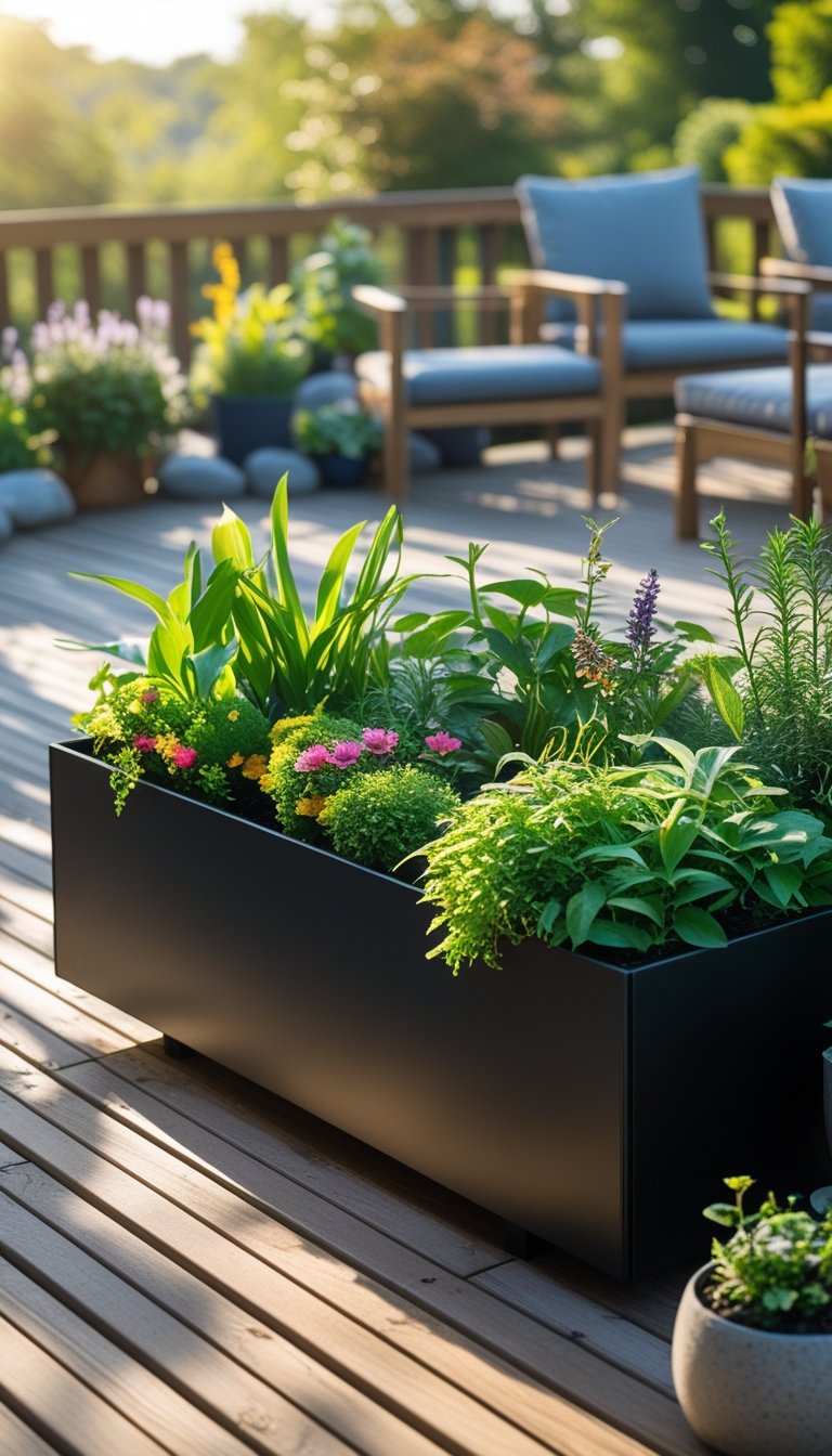 A black metal planter box filled with green plants and flowers on a wooden deck garden with sunlight and outdoor decor.