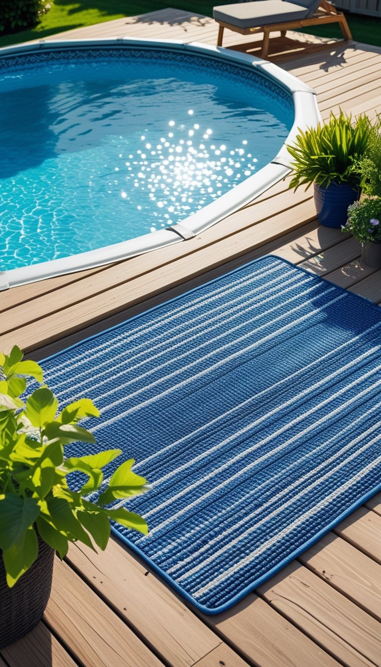 An outdoor wooden deck with an oval above ground pool, featuring a decorative outdoor rug, lounge chairs, and plants under a sunny sky.