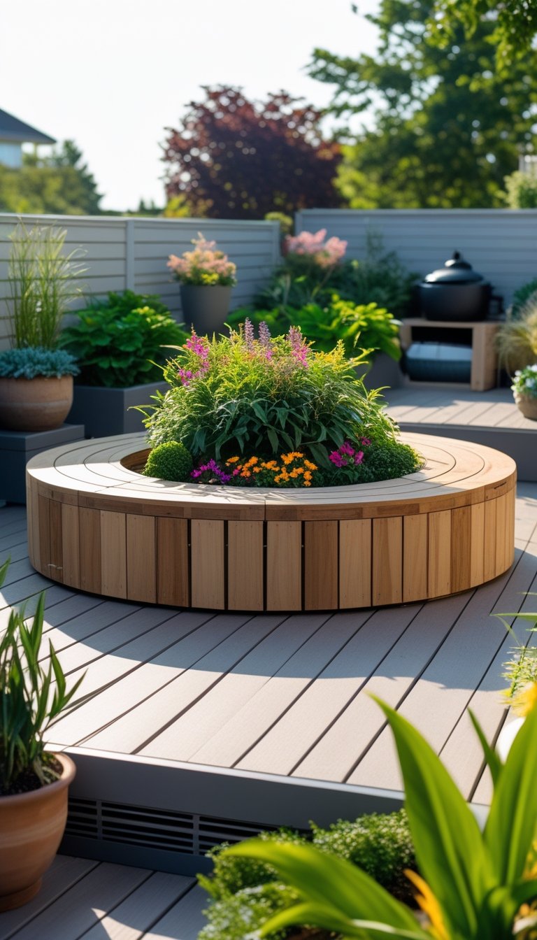 A circular wooden planter bench on a deck garden surrounded by green plants and flowers.