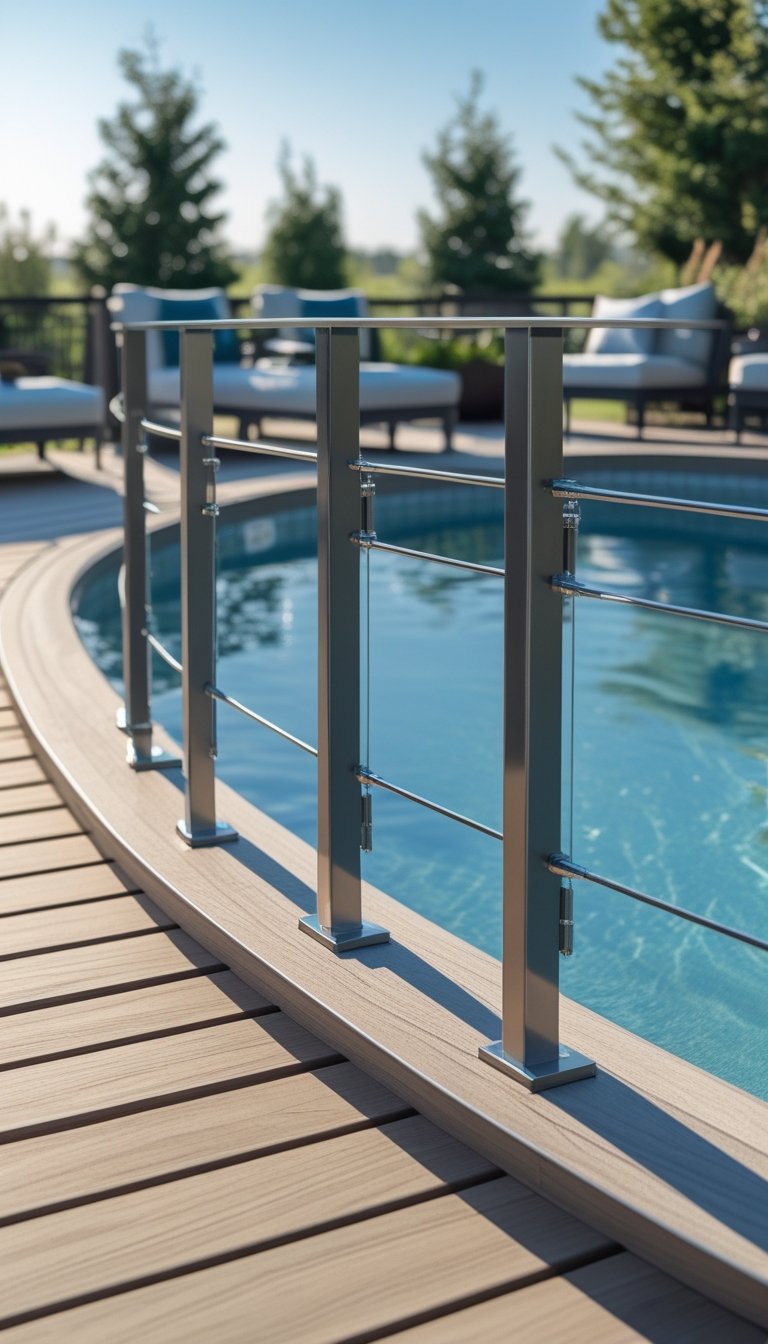 An oval above ground pool with a wooden deck and metal railing accents, featuring outdoor furniture and plants.