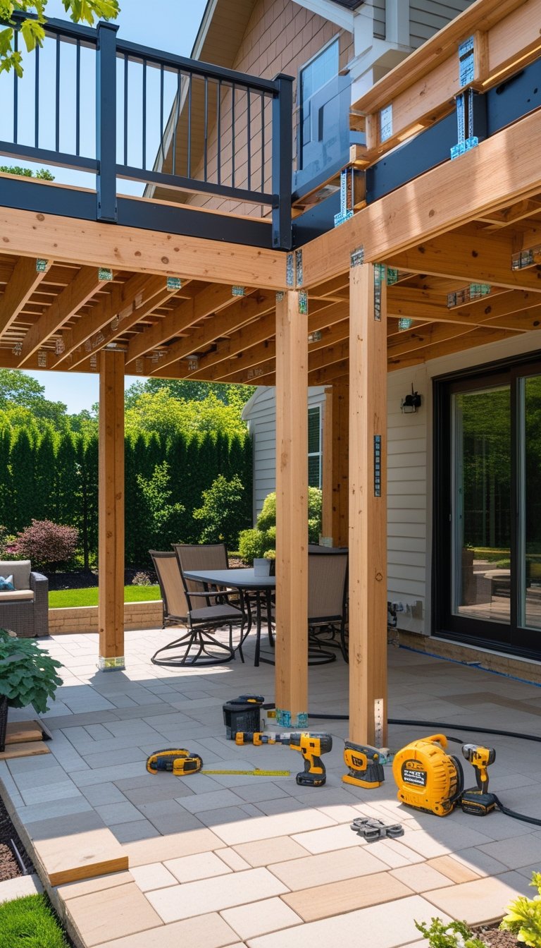 A backyard showing a partially built wooden deck above a stone patio with construction materials and tools nearby.