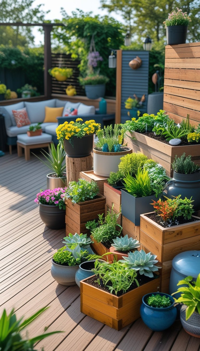 A wooden deck filled with various planters containing colorful flowers, green plants, and herbs, arranged around outdoor seating and garden decorations.