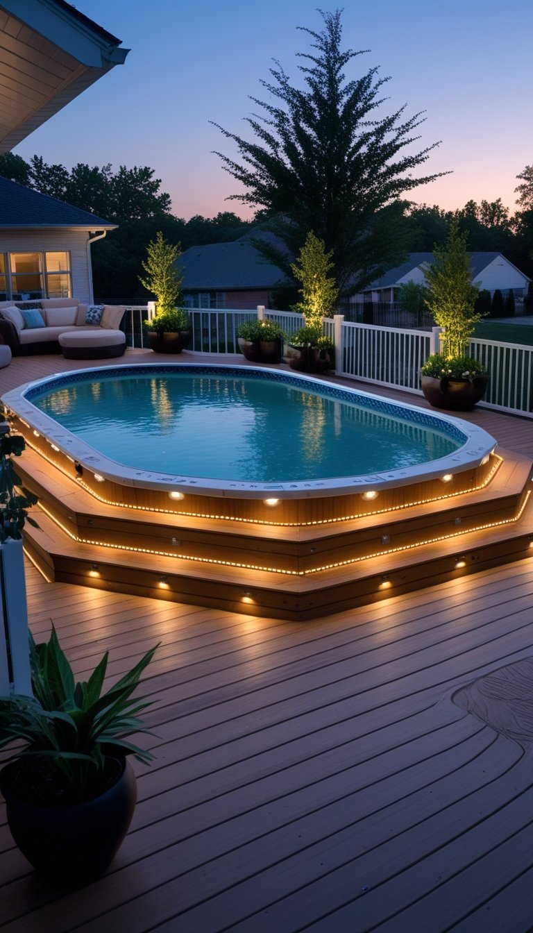 An oval above ground pool with a wooden deck illuminated by low-profile deck lights at dusk, surrounded by outdoor seating and plants.