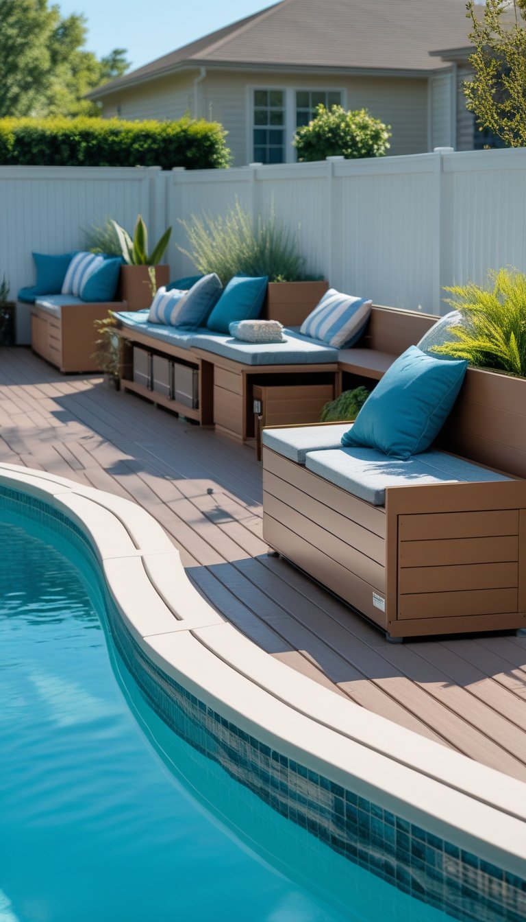 Oval above ground pool with wooden deck and storage benches along the poolside under clear sky.