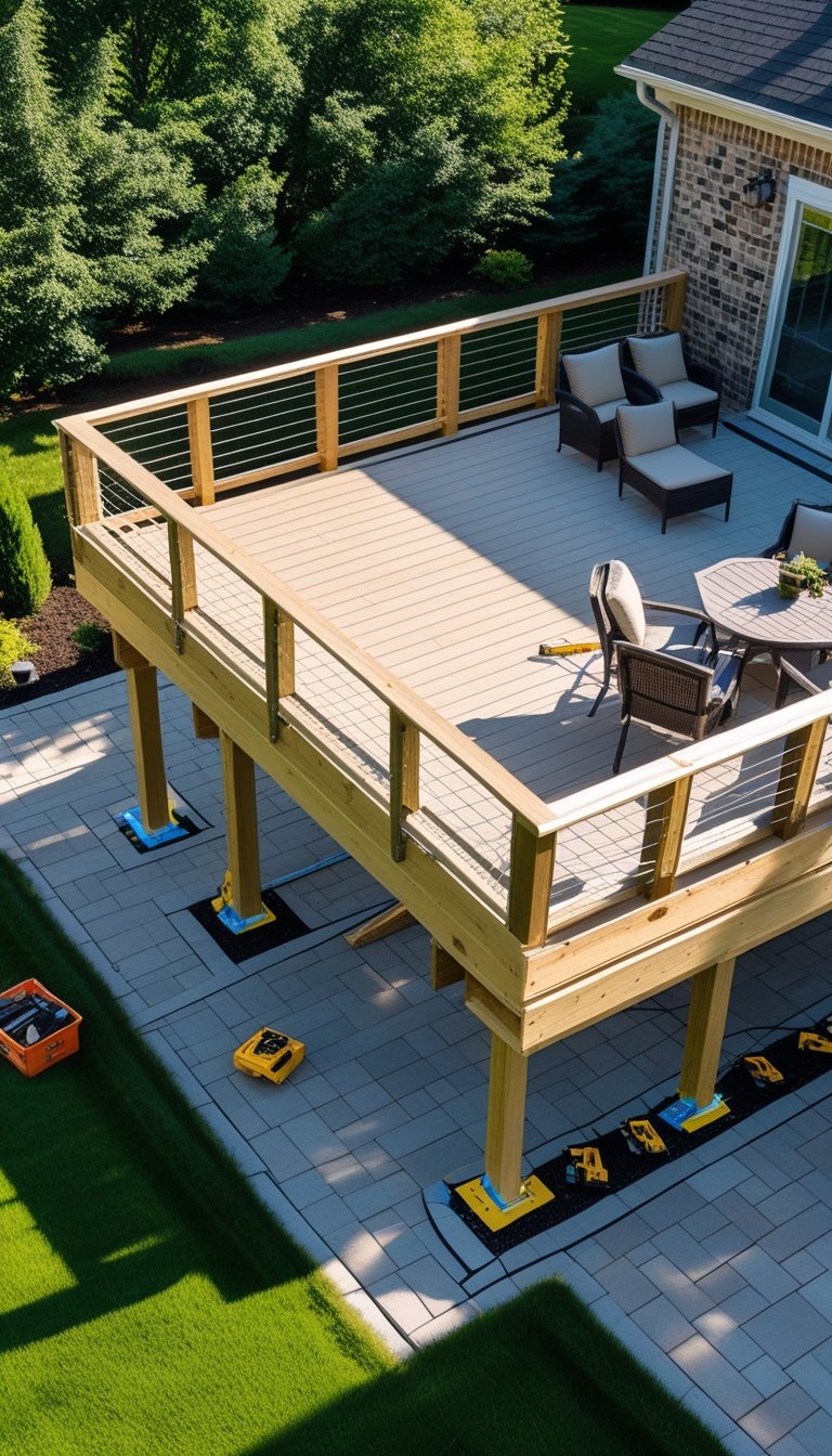 A backyard showing an elevated wooden deck being built above a stone patio with outdoor furniture beneath.