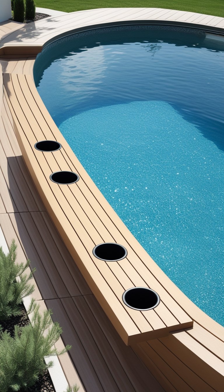 Outdoor bench seating with built-in cup holders on an oval above ground pool deck surrounded by clear blue water and greenery.