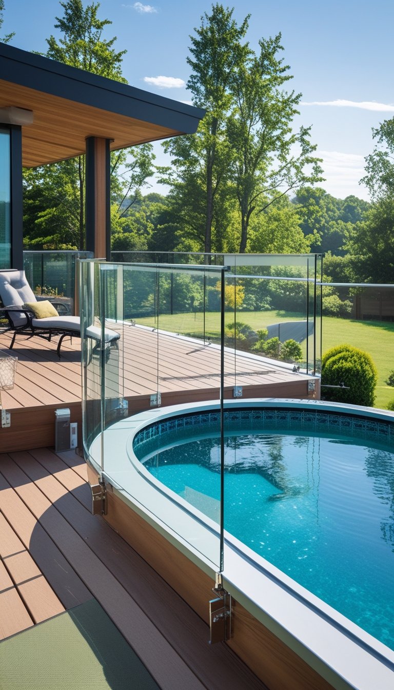 Oval above ground swimming pool with a wooden deck and clear glass railings offering an unobstructed view of the surrounding greenery.