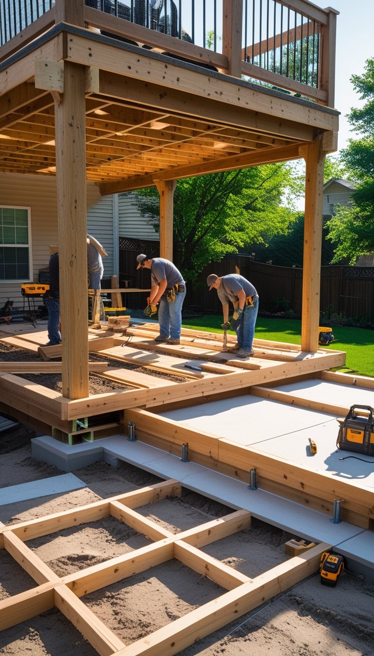 Workers building a wooden patio underneath an elevated deck in a backyard.