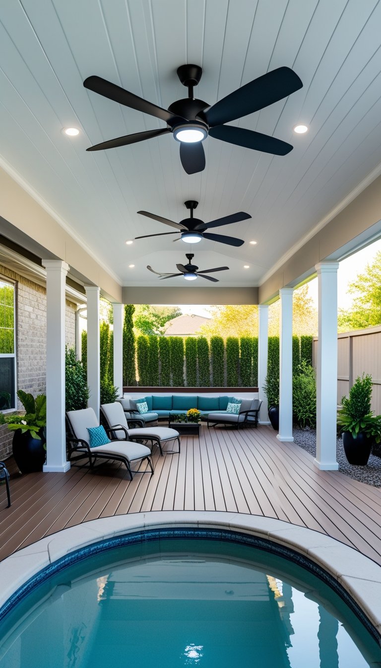 Covered outdoor deck with ceiling fans overlooking an oval above-ground swimming pool surrounded by outdoor furniture and plants.