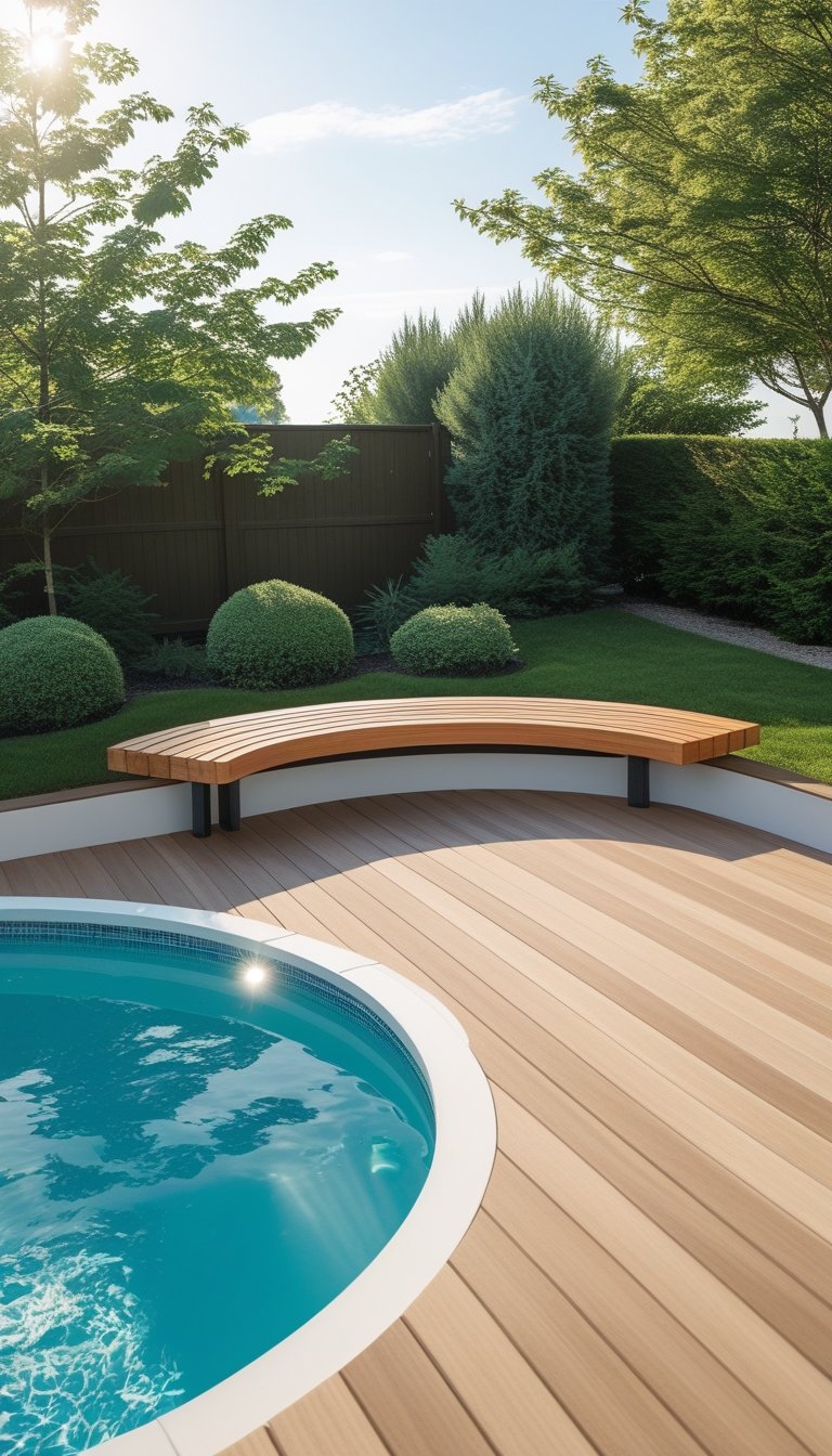 Oval above ground pool with a curved wooden bench wrapping around its edge on a wooden deck surrounded by greenery.
