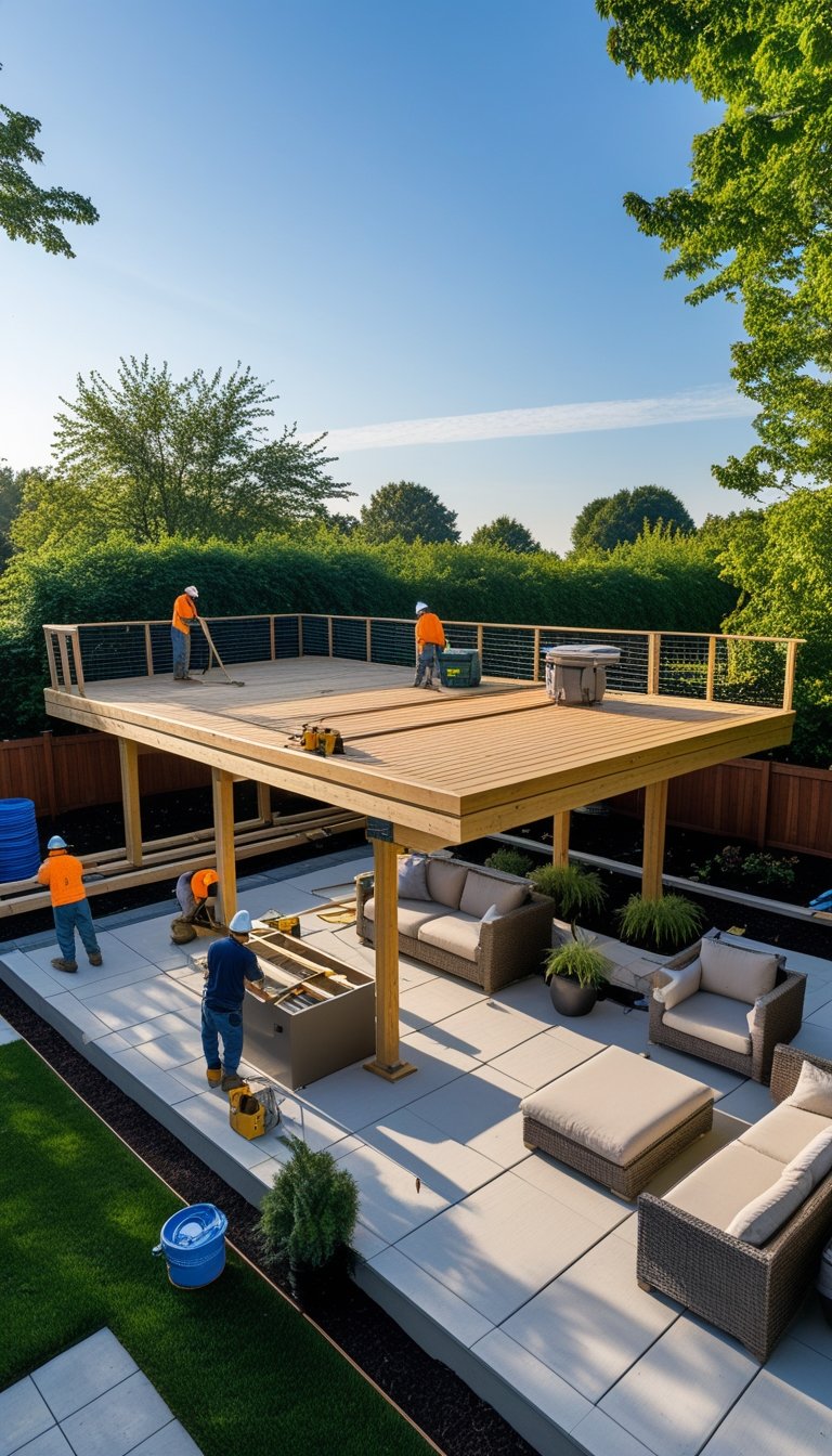 A backyard with a wooden deck being built above a patio furnished with outdoor seating and plants.