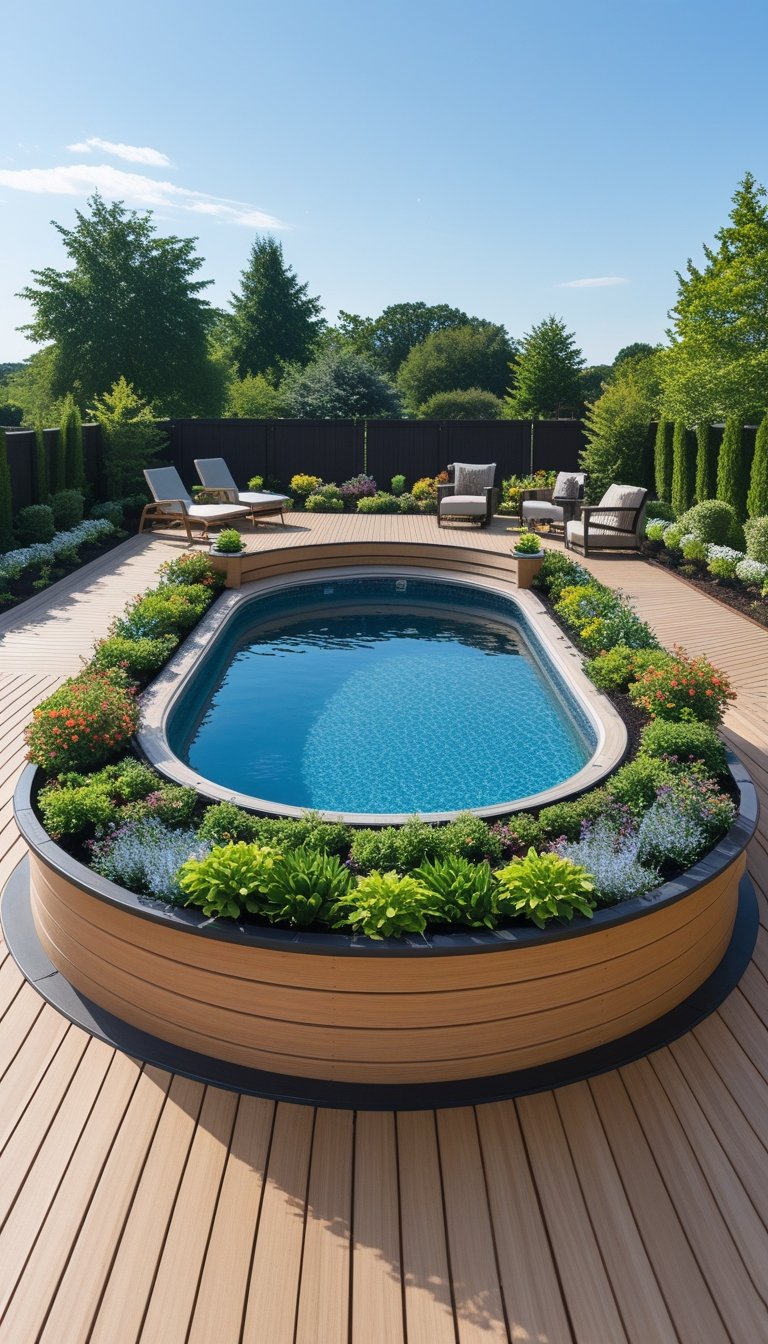 An outdoor wooden deck with built-in planter walls surrounding an oval above-ground pool, featuring plants and outdoor furniture.