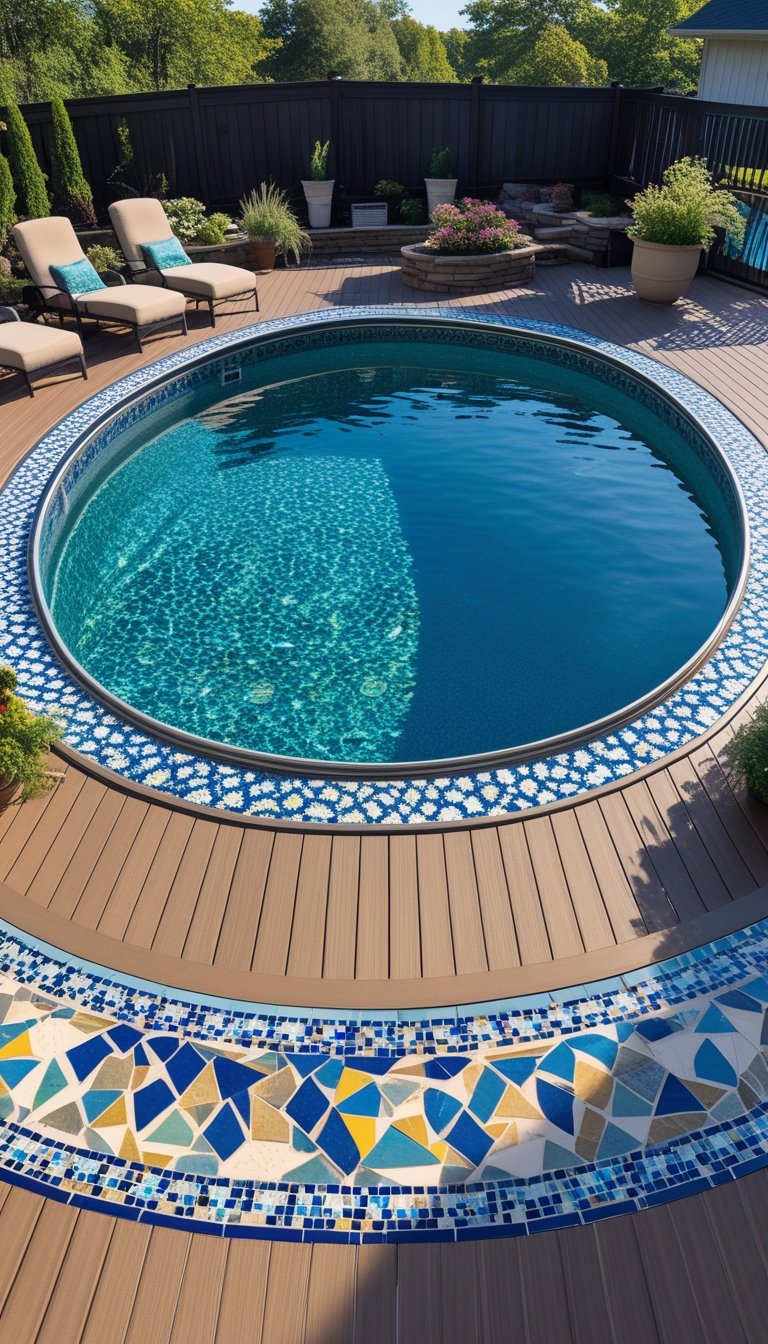 An oval above ground pool surrounded by a deck with colorful mosaic tile accents, lounge chairs, and plants on a sunny day.