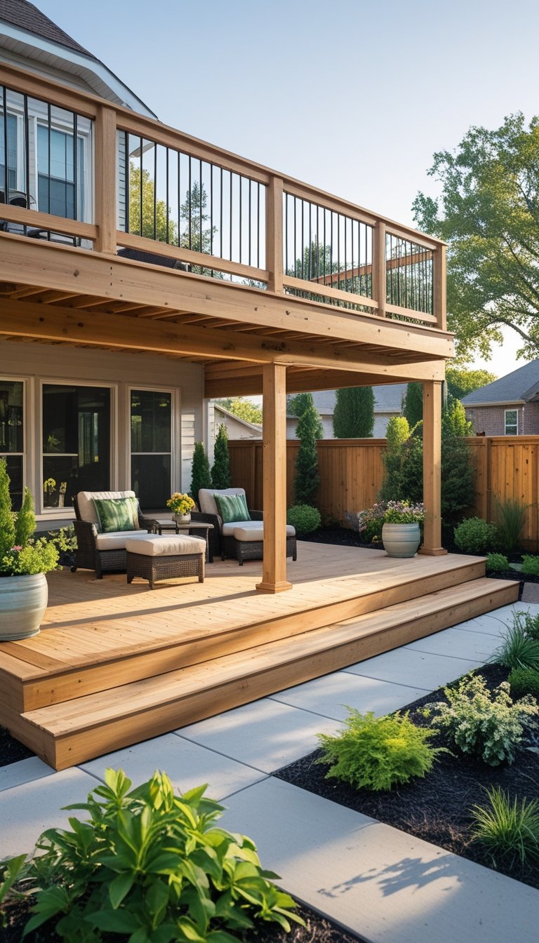An outdoor space with a wooden deck above a patio furnished with chairs and a table, surrounded by plants.