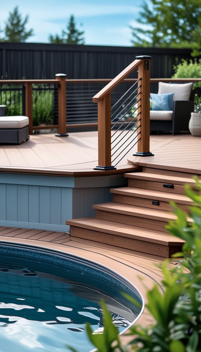 An oval above ground pool with a wooden deck and stairway handrails surrounded by outdoor furniture and plants.