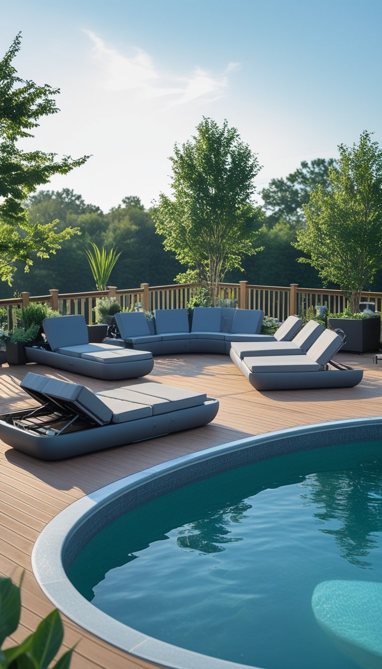 An outdoor wooden deck with an oval above ground pool surrounded by convertible sunbeds and plants under a clear sky.