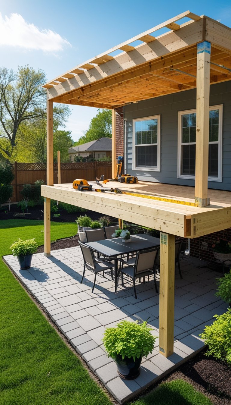 A backyard with a wooden deck under construction above a stone patio furnished with outdoor chairs and a table.