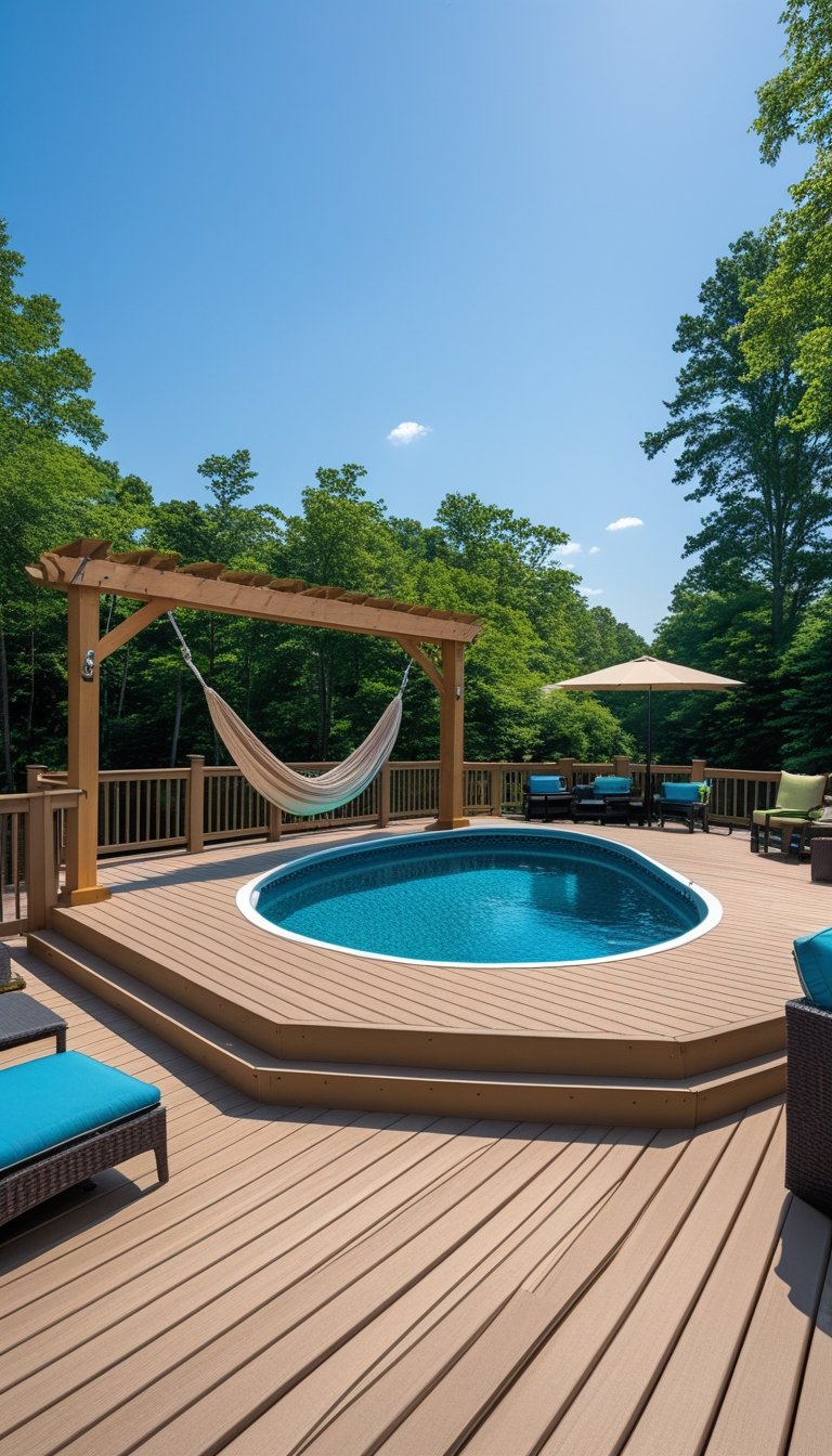A wooden deck surrounding an oval above ground pool with a hammock hanging from mounts, outdoor furniture, and trees in the background.